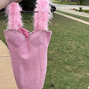 Pink Feather Trim Mini Dress